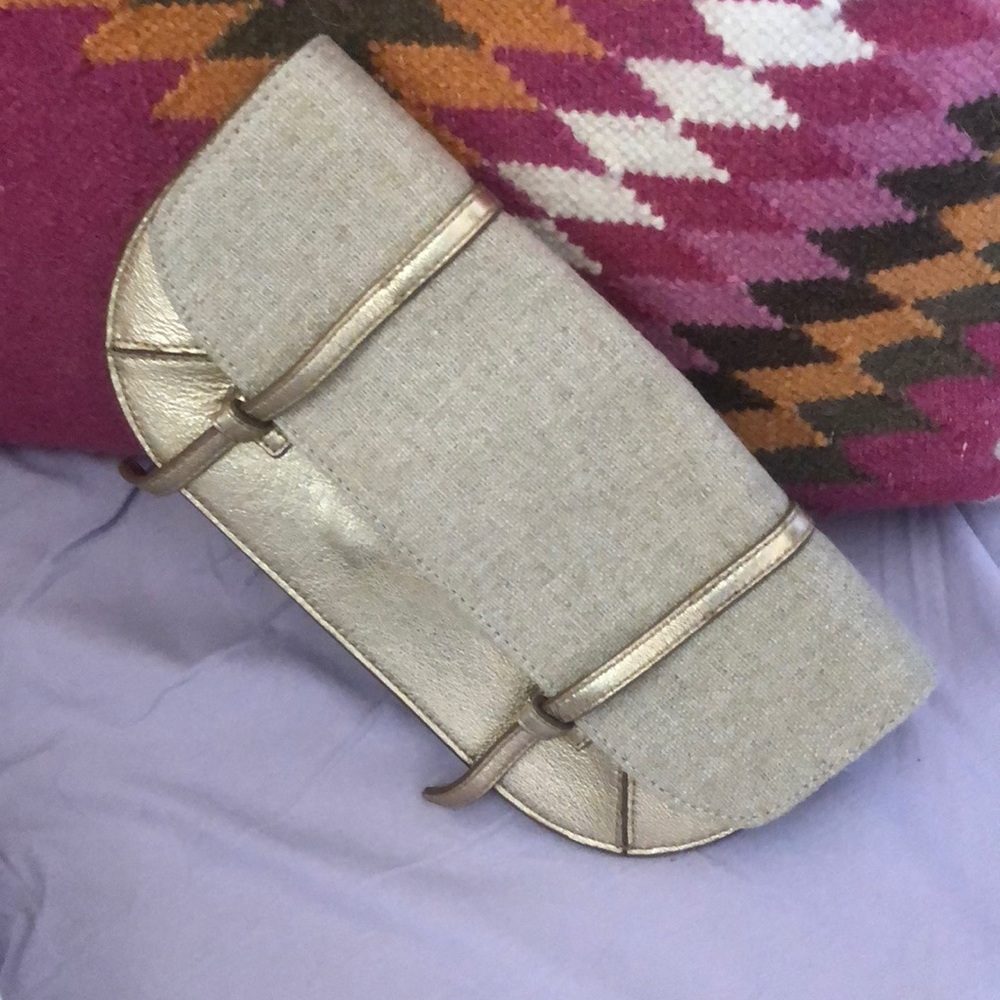 Banana Republic Clutch gold leather and tan linen